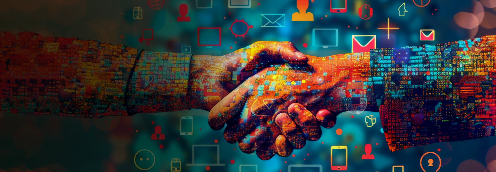 Digital artwork of two hands shaking, composed of colorful, pixelated patterns. The background features various technology-related icons like emails, messages, and gears, symbolizing a connection or partnership in a tech context.