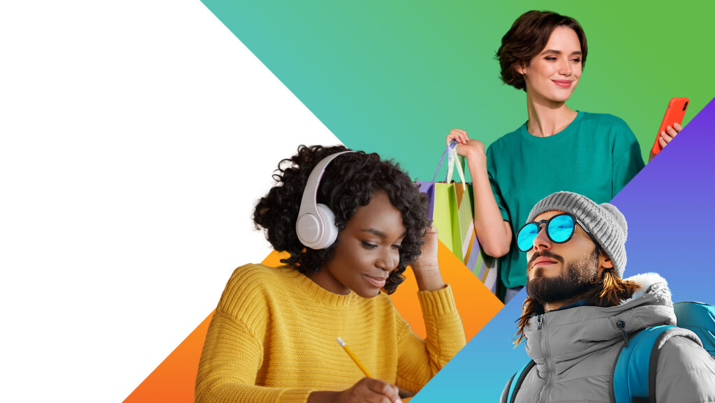 A woman in a yellow sweater wearing headphones writes in a notebook. Another woman in a teal shirt holds shopping bags and a phone. A man in a winter jacket and sunglasses looks upwards. The background is divided into white and colorful triangles.