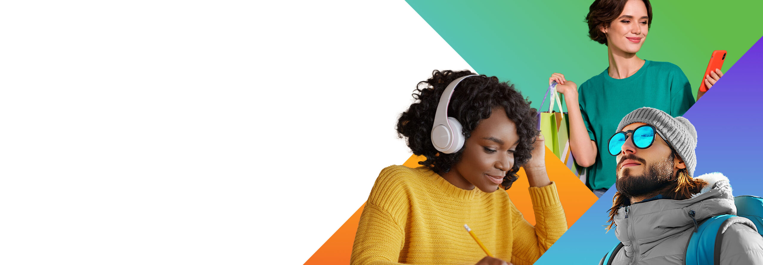 A collage shows a woman in a mustard sweater writing while wearing headphones, another woman in a green shirt holding shopping bags and a phone, and a man in a winter jacket with sunglasses and a beanie, against a colourful geometric background, representing BIW's Global rewards marketplace