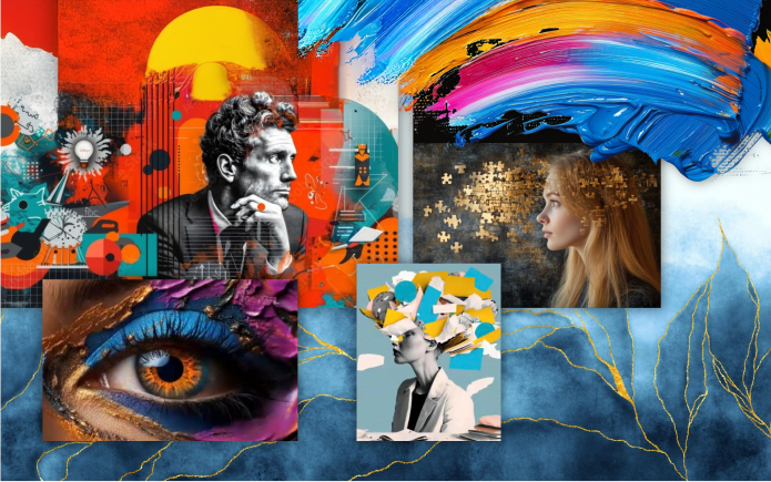 A surreal collage with vibrant colors featuring a mans portrait, a womans side profile, an abstract eye, and a woman with a puzzle background. Brush strokes and abstract shapes enhance the dreamlike feel.