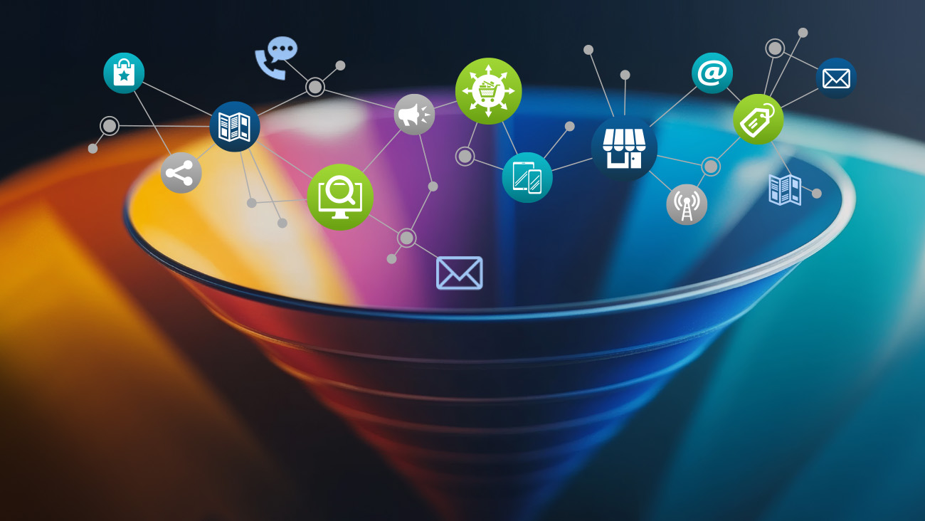 Colorful funnel with digital icons above it, connected by lines. Icons represent online communication, marketing, and technology, including email, chat, shopping cart, and Wi-Fi. The background shades blend from blue to red.