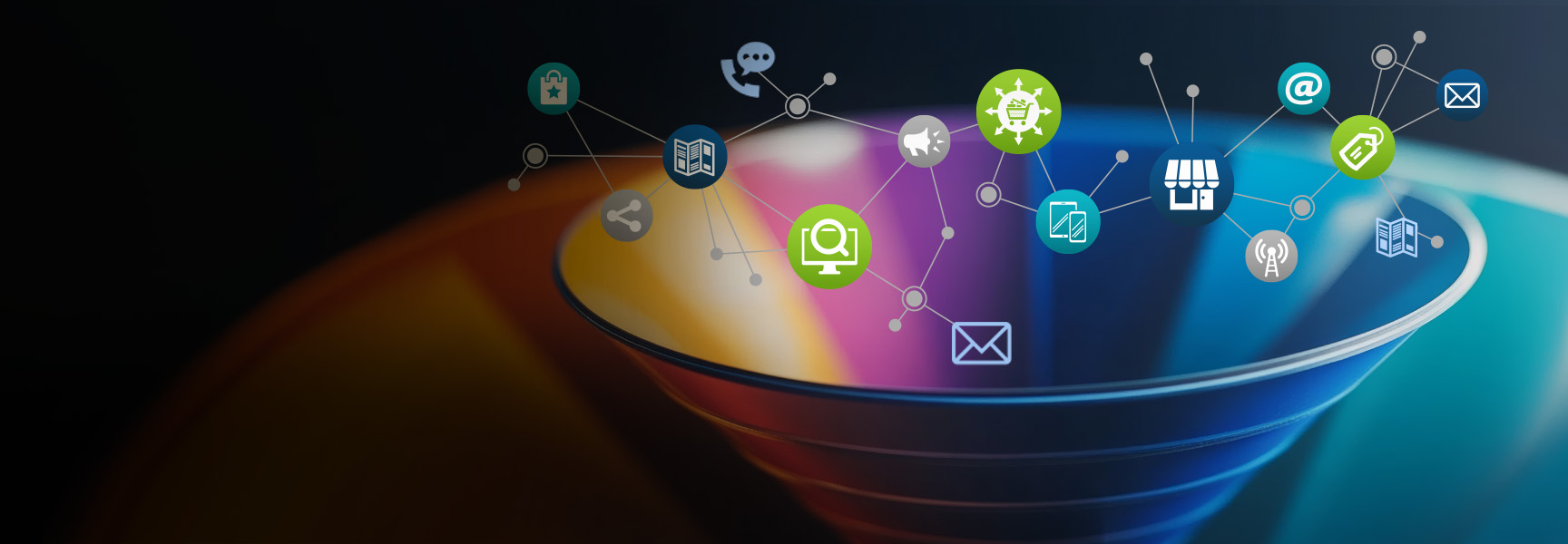 A colorful gradient funnel with digital icons connected by lines, representing communication and business concepts like email, chat, and shopping. The background is dark, enhancing the vibrant colors of the funnel and icons.