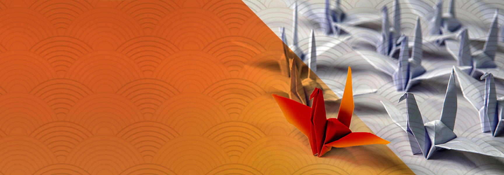 A group of origami cranes, with one red crane in the foreground on an orange patterned background, stand out against several gray cranes on a lighter patterned background. The contrast emphasizes the unique red crane.