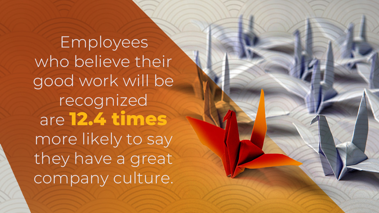 An image features a quote: Employees who believe their good work will be recognized are 12.4 times more likely to say they have a great company culture. A red origami crane is prominent among gray cranes on a patterned background.