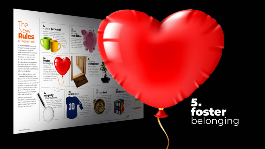 A heart-shaped red balloon floats in front of a magazine page titled The New Rules of Engagement. The page displays various items and text boxes. The balloon highlights rule number 5: foster belonging.