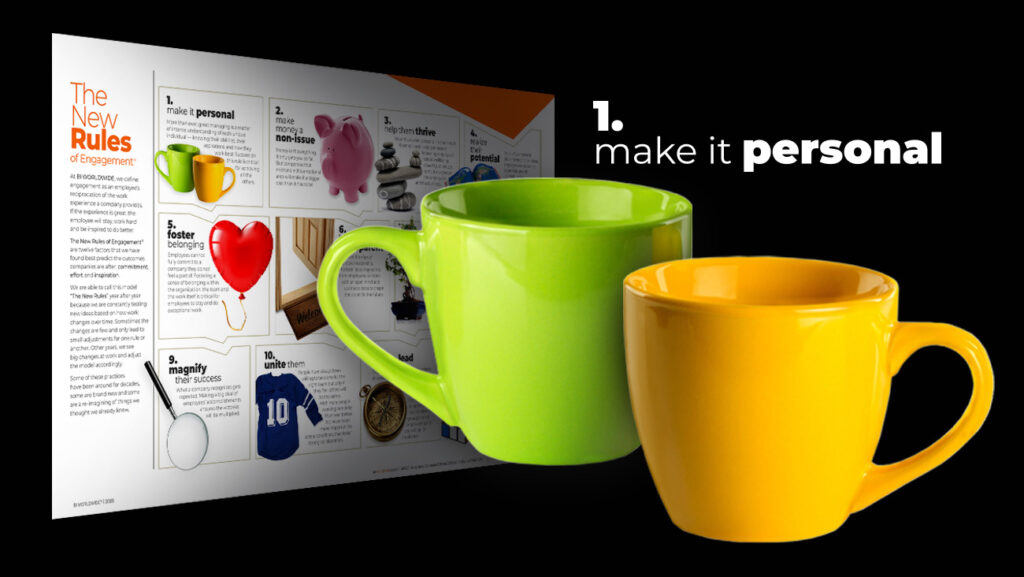Two colorful mugs, one green and one yellow, are displayed in front of a magazine page titled The New Rules of Engagement. The page features various images, including a piggy bank and a red balloon, with text 1. make it personal above the mugs.