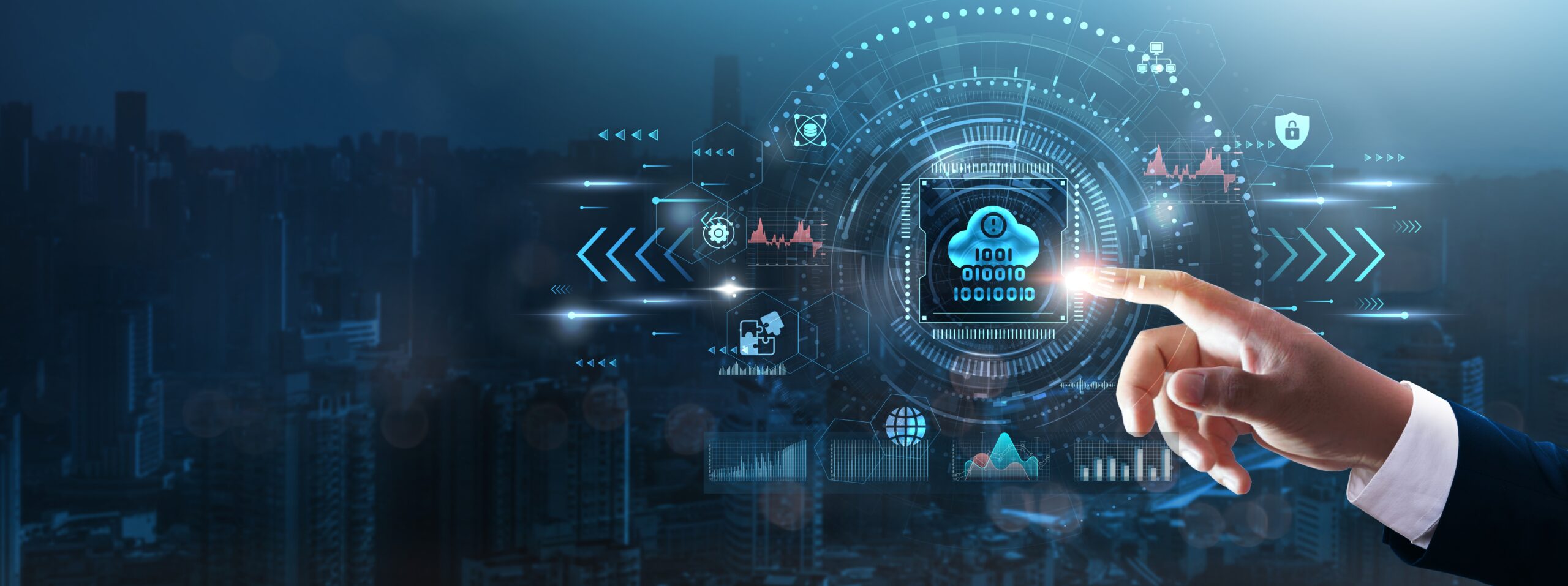 A hand points to a digital padlock icon on a touchscreen, symbolizing cybersecurity. The background features a cityscape and various virtual data graphics, emphasizing digital security and technology.