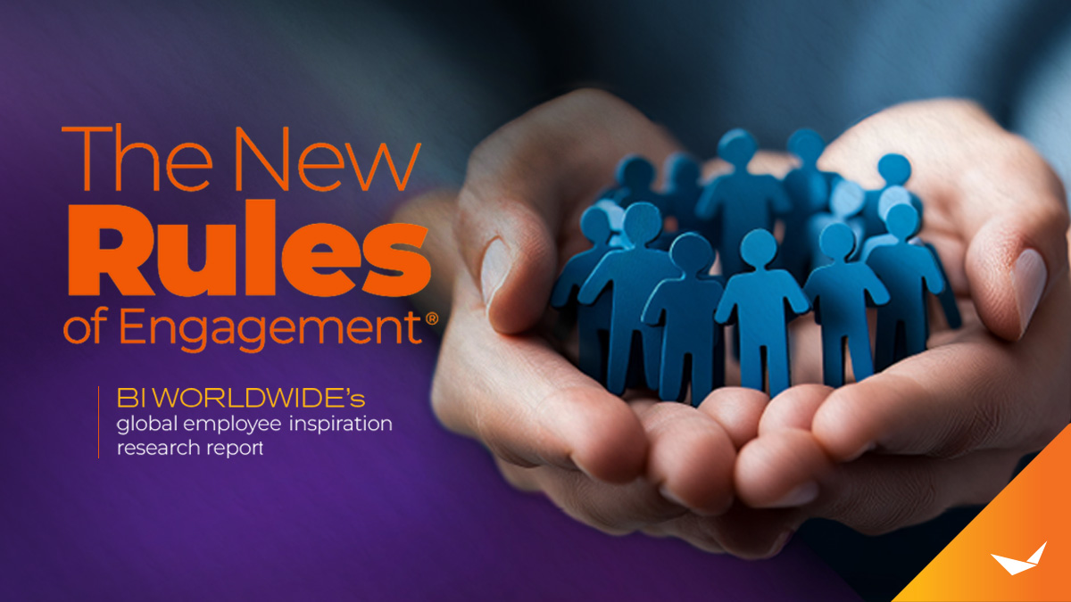 A pair of hands gently hold blue paper cutout figures of people. Text reads: The New Rules of Engagement. BI WORLDWIDEs global employee inspiration research report.