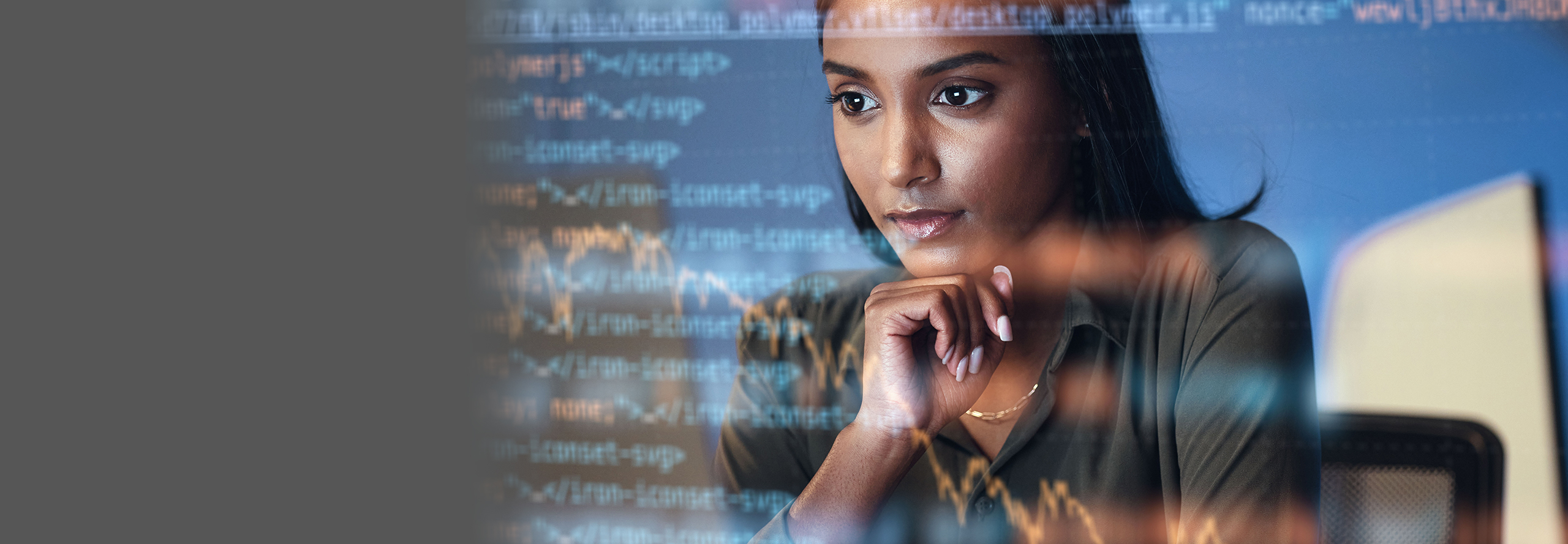 A woman gazes intently at a computer screen displaying code and financial graphs, suggesting shes analyzing data. Her chin rests on her hand, indicating deep concentration. The background is a digital overlay of text and charts.