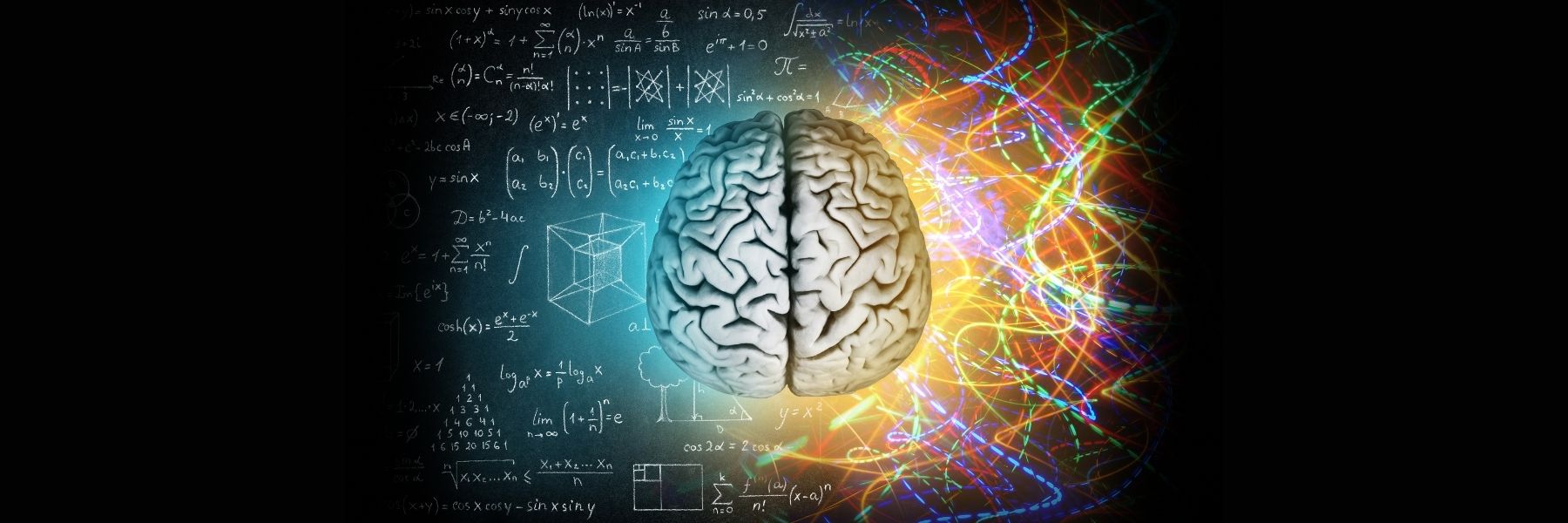 A brain is centered in the image, surrounded by colorful, swirling neon lines on the right. On the left, chalkboard-style mathematical formulas and geometric diagrams fill the space, creating a contrast between art and science.