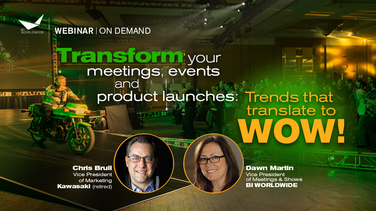 A promotional image for an on-demand webinar titled Transform your meetings, events, and product launches: Trends that translate to WOW! Two speakers, a man and a woman, are featured with titles and companies. A person rides a green motorcycle on stage.