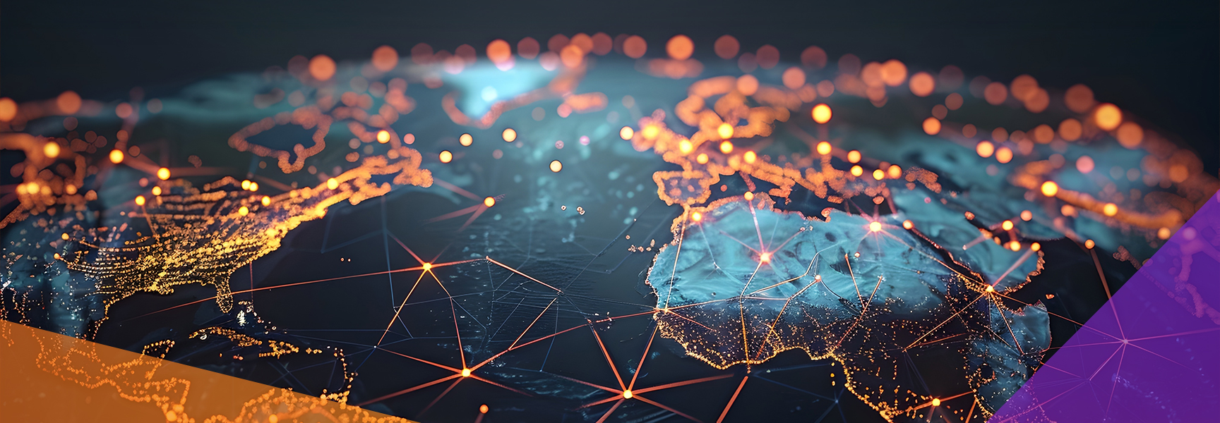 A digital world map with continents glowing in orange lights connected by lines, set against a dark background. The map highlights global connectivity and technology, with a purple geometric shape in the bottom right corner.