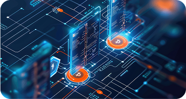 Futuristic digital interface displaying cryptocurrency symbols and data, with glowing blue and orange circuits. Elements appear three-dimensional, depicting virtual blockchain technology in a high-tech setting.