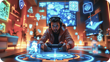 A person wearing headphones is intensely focused on a gaming controller, surrounded by vibrant, holographic gaming interfaces and futuristic icons in a neon-lit room.