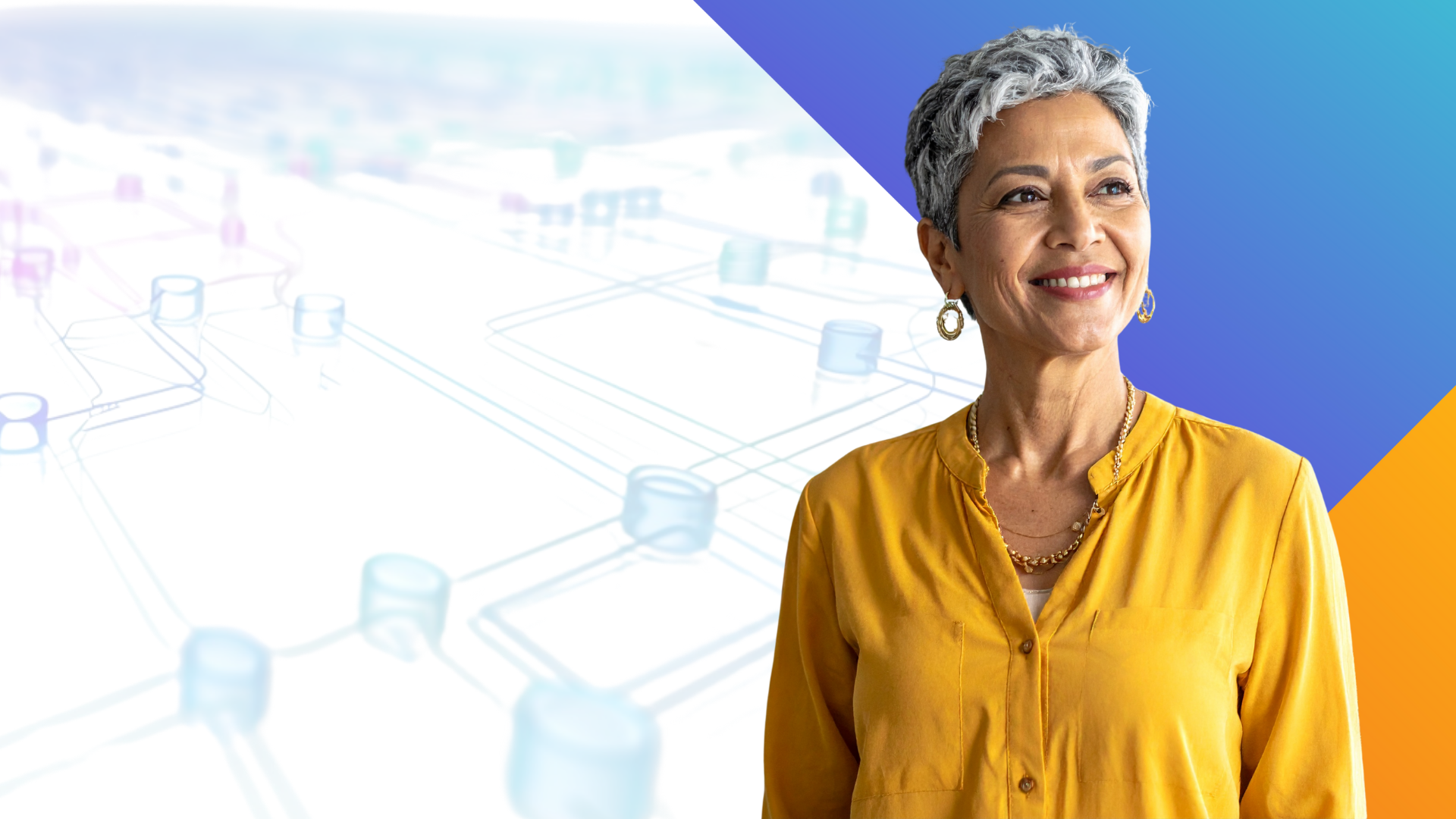 Smiling woman with short gray hair wearing a mustard yellow blouse and gold jewelry stands in front of a blurred abstract network diagram and colorful geometric background.