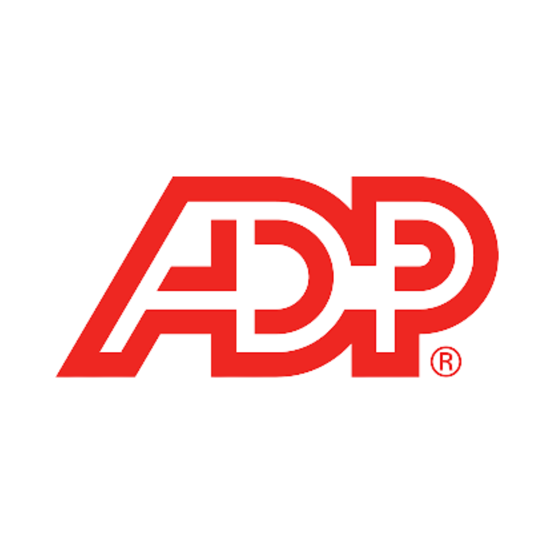 The image shows the ADP logo in bold red letters with a registered trademark symbol. The letters ADP are interconnected, creating a sleek and modern design. The background is transparent.