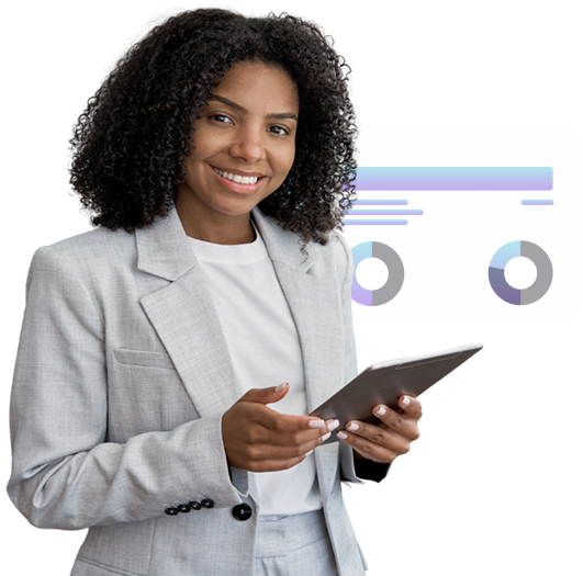 Smiling person with curly hair wearing a gray suit holds a tablet. In the background, theres a graphic with two circular charts.