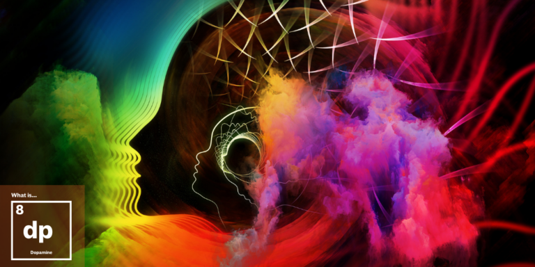 Abstract digital art depicting human profiles with vibrant swirling colors and a geometric pattern. A small periodic table element-like box says What is... 8 dp Dopamine in the bottom left corner.