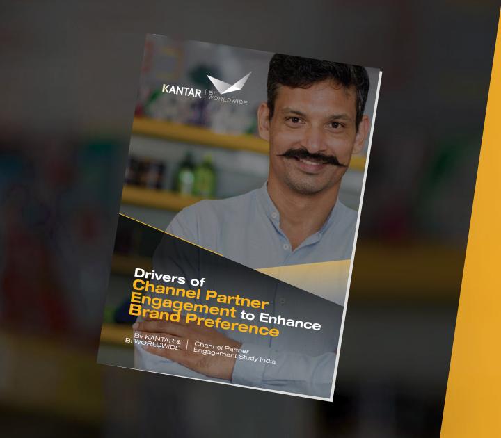 A smiling man with a mustache is on the cover of a brochure titled Drivers of Channel Partner Engagement to Enhance Brand Preference by Kantar Worldwide, with a blurred background.