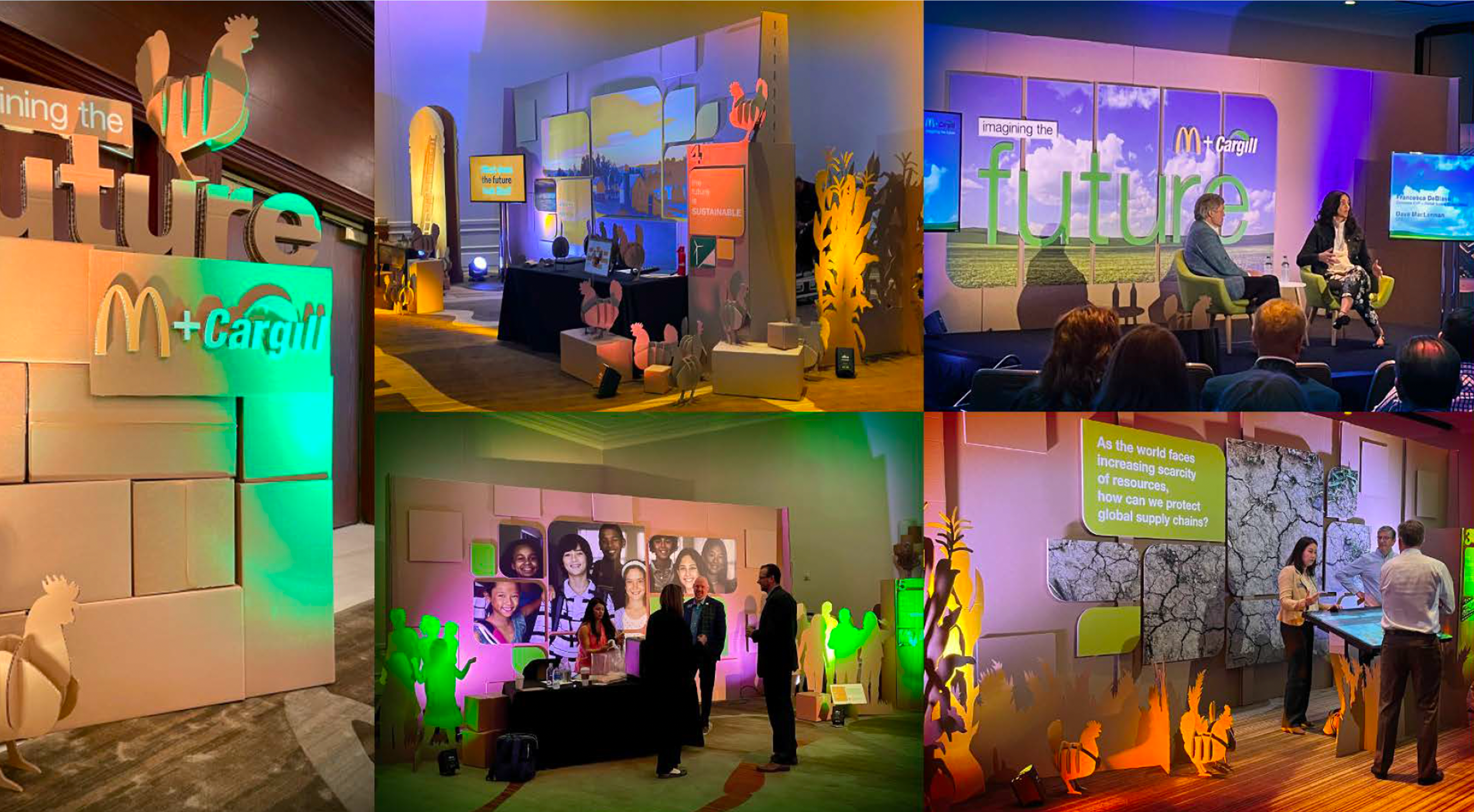 Collage of four images from a McDonalds and Cargill event, showcasing colorful, illuminated displays with text like Imagining the Future. People are interacting with the exhibits featuring modern, sleek designs and agricultural themes.