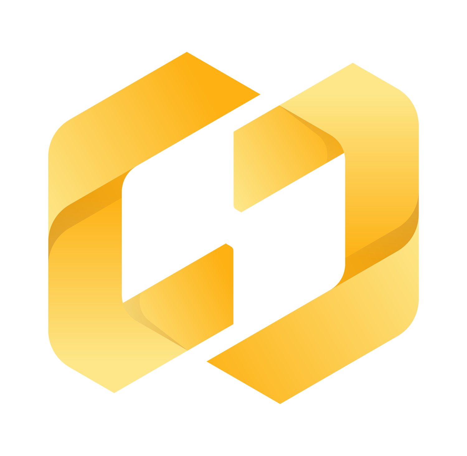 An abstract geometric design featuring interlocking hexagonal shapes in shades of yellow and orange, with a gradient effect creating a sense of depth and dimension against a white background.