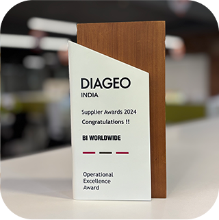 A trophy with a wooden base and an acrylic front stands on a white surface. The front reads DIAGEO India Supplier Awards 2024 Congratulations! BI Worldwide Operational Excellence Award in a blurred office background.