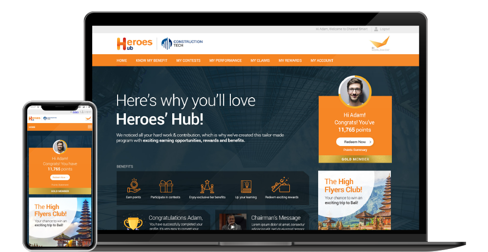 A smartphone and laptop display a Heroes Hub webpage. The page highlights a rewards message for Adam with 11,795 points. Features include benefits, games, and the High Flyers Club. Bright colors and graphics enhance the design.