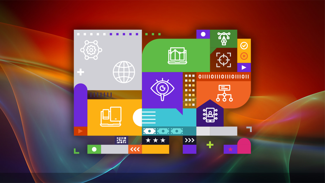 A colorful digital illustration features various technology icons, including gears, a globe, a chart, an eye, and circuit symbols, arranged on abstract, brightly colored shapes against a dark, wavy background.