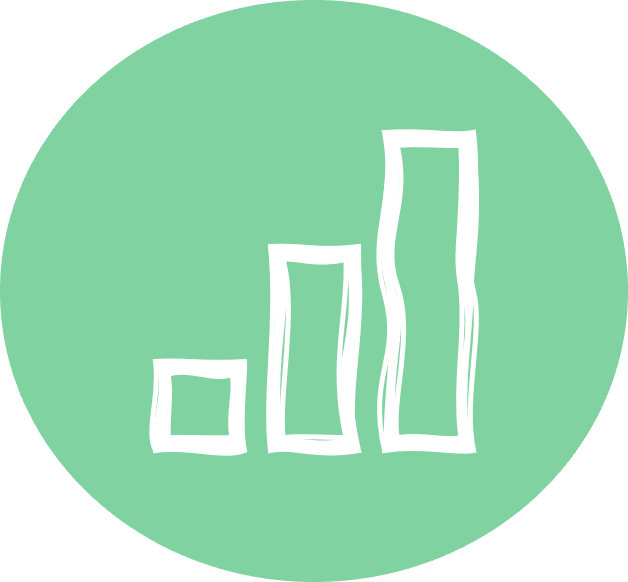 A white bar chart icon inside a green circle, with three bars of increasing height from left to right. The background is solid green.