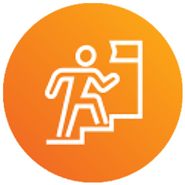 White icon of a person climbing stairs towards a flag, symbolizing achievement or progress, on an orange circular background.