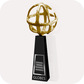 A golden globe-shaped object sits atop a tall, dark pedestal labeled GLOBES. The globe consists of intersecting arcs, and the pedestal has a reflective surface, casting a partial shadow on a light background.