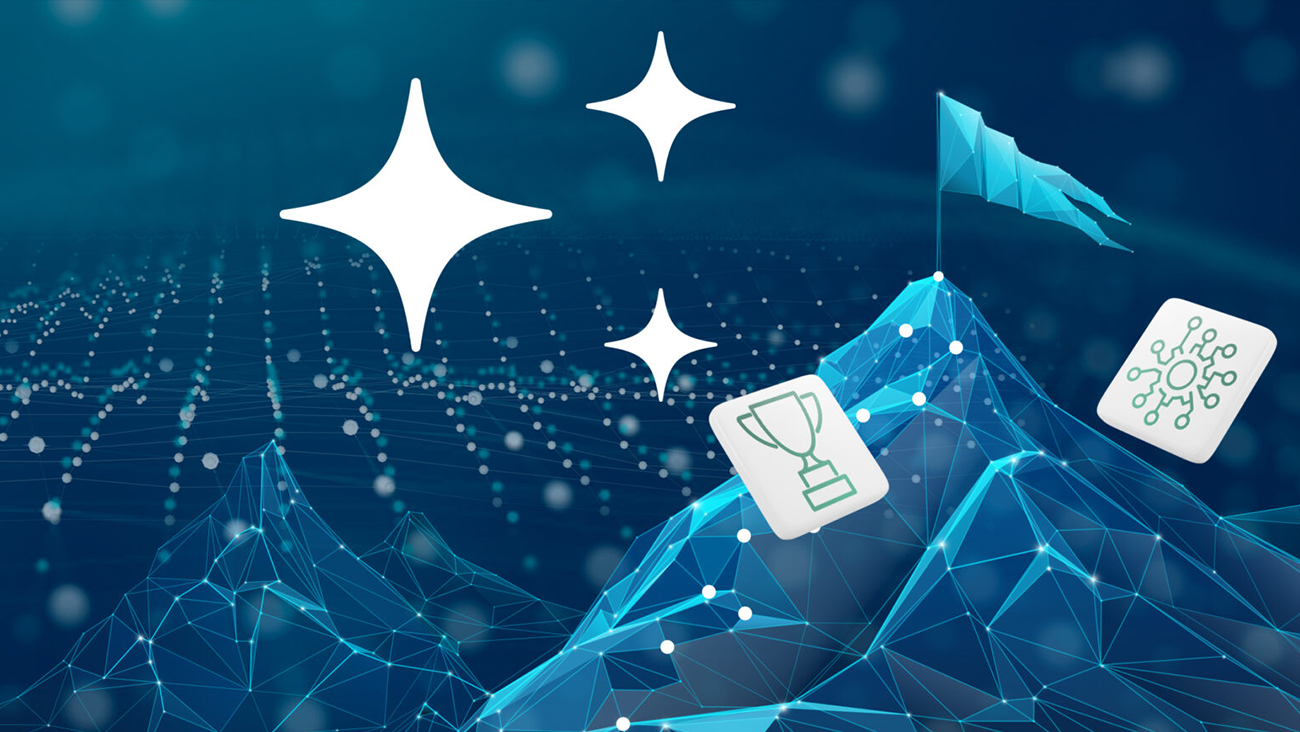Abstract digital illustration featuring a geometric mountain, network lines and nodes. Icons of a trophy and a network diagram are placed in the foreground, with abstract shapes resembling stars and a crystal hand. The color scheme is mainly blue and white.