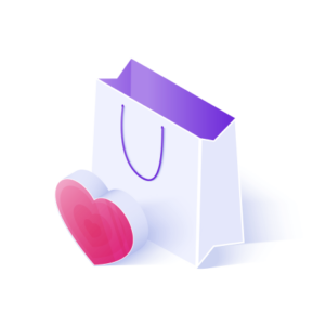 Ilustración de una bolsa de la compra blanca con asas moradas junto a un corazón rosa, que simboliza programas de incentivos y recompensas para empresas. El corazón se apoya sobre la bolsa sobre un fondo blanco con una sombra sutil.