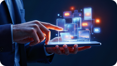 A person in a suit interacts with a holographic interface above a smartphone. The display shows various digital icons and percentages, indicating data or connectivity. The background is dark, highlighting the glowing holograms.
