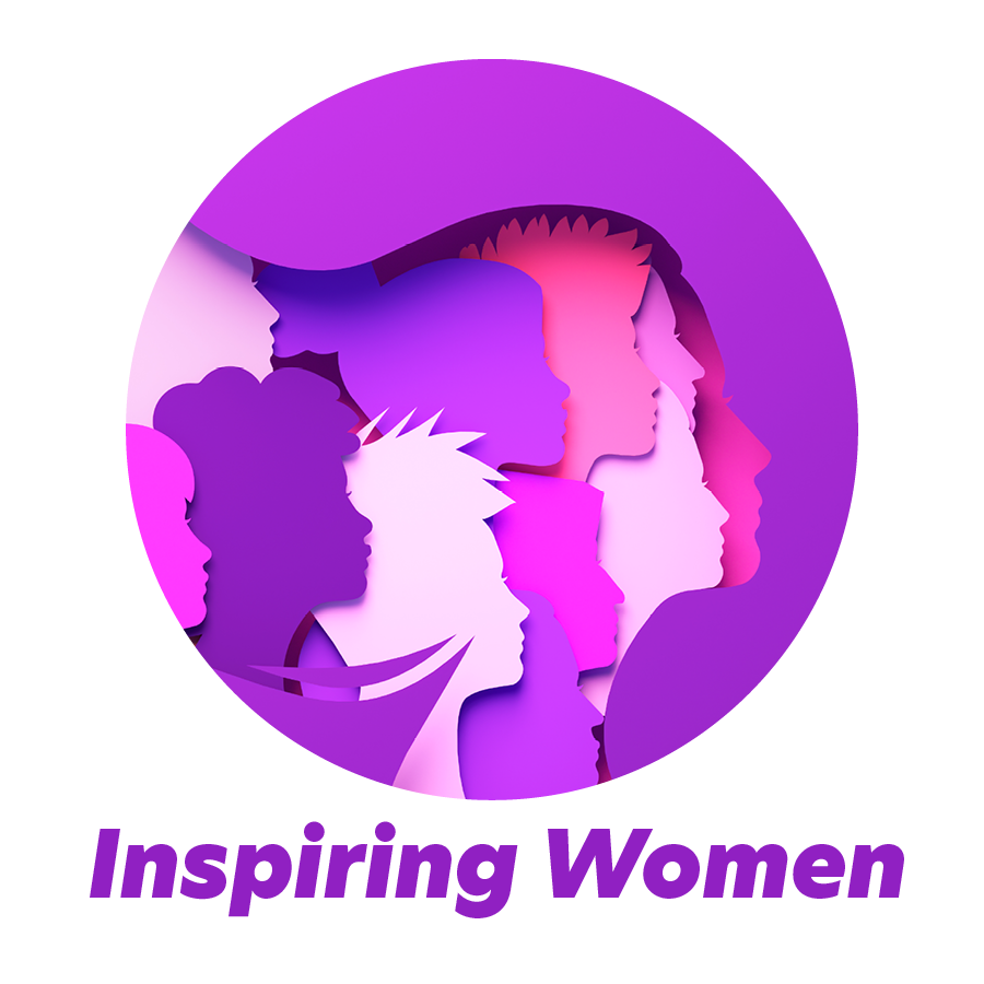 A circular illustration featuring silhouettes of diverse women in varying shades of pink and purple. The text Inspiring Women is below in bold purple letters.