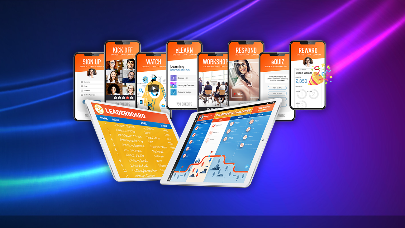 Digital illustration showing a series of mobile app screens titled: Sign Up, Kick Off, eLearn, Workshop, Respond, eQuiz, Reward. Below, a leaderboard and challenge board are displayed on tablets. Background features blue and purple waves.