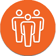 Icon of three simplistic human figures outlined in white on an orange circular background. The figures are standing side by side, with the middle figure slightly in front.