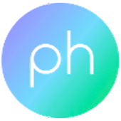 Gradient circle with a blend of purple and teal shades, featuring stylized lowercase letters p and m in the center.