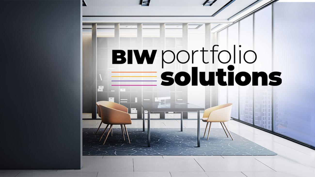 A modern office with large windows, a glass table, and two tan chairs. Text overlaid reads BIW portfolio solutions with colored lines beneath BIW.