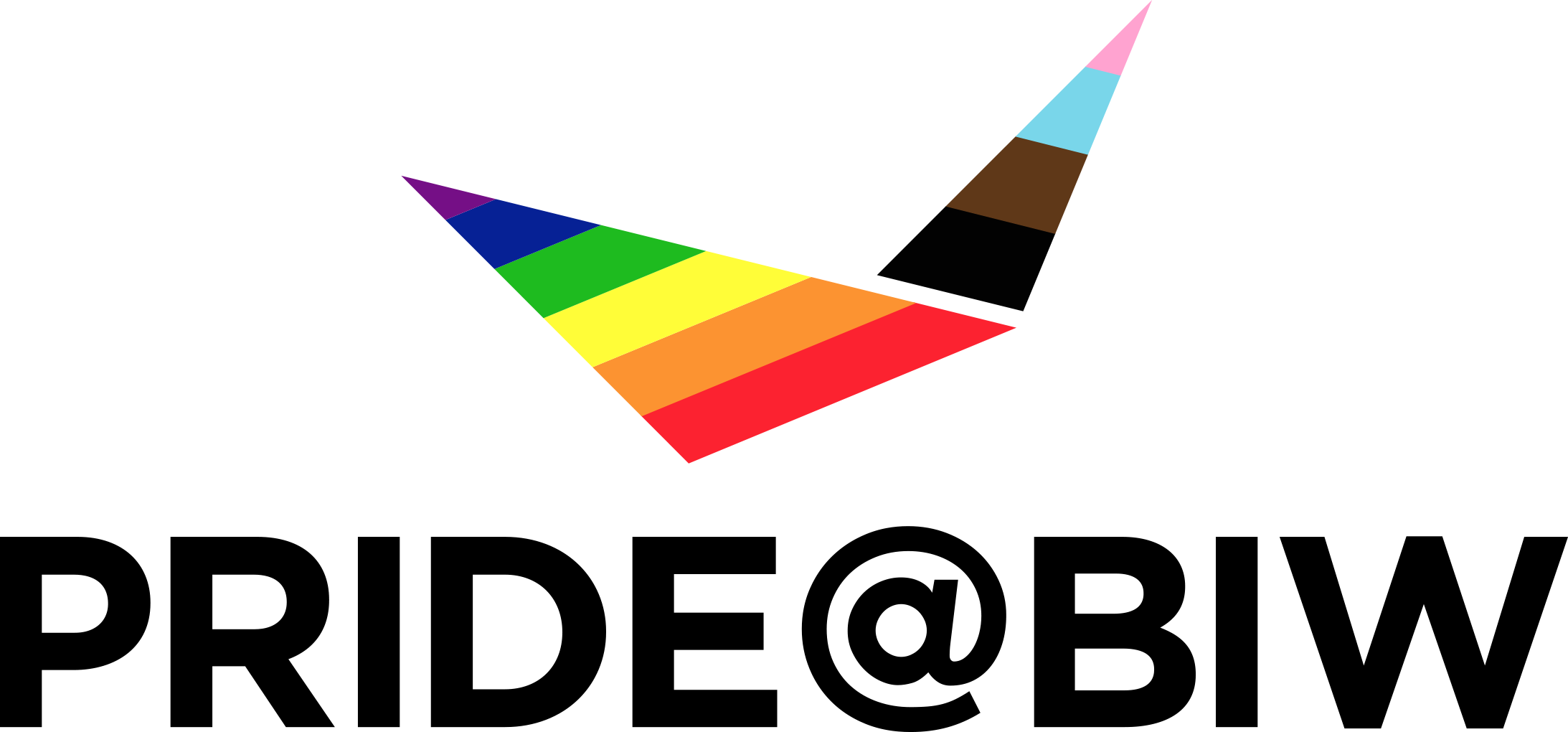 A black triangle contains diagonal stripes in colors representing various pride flags: white, pink, light blue, brown, black, purple, blue, green, yellow, orange, and red, symbolizing LGBTQ+ inclusivity and diversity.