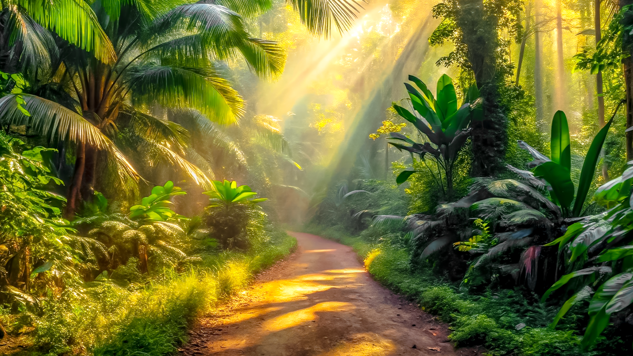 A narrow dirt path winds through a lush, sun-dappled jungle. Sunlight filters through tall palm trees and dense foliage, casting a warm, golden glow. The greenery is vibrant, with various tropical plants lining the path.