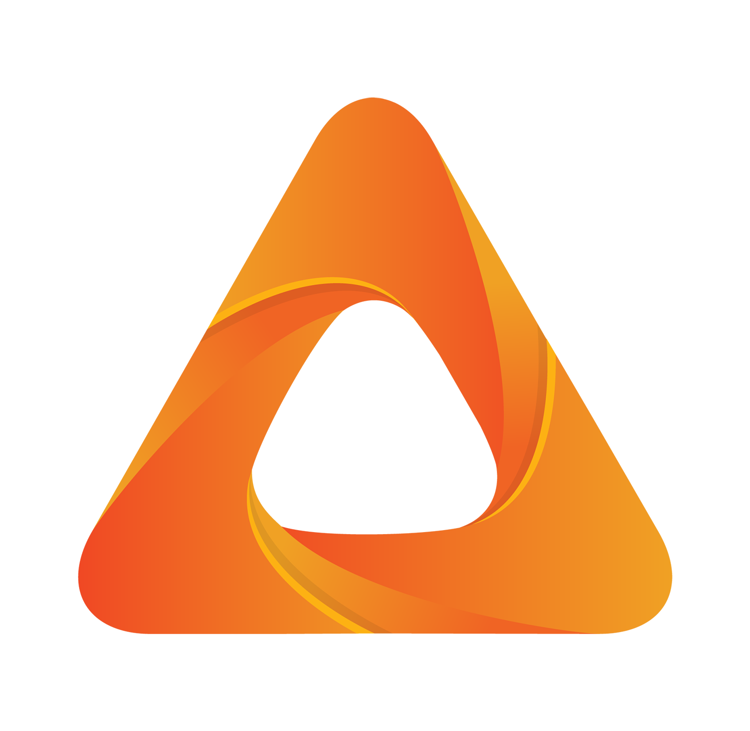 A stylized, abstract logo with a swirling orange design forming a triangular shape, featuring gradient shades from light to dark orange, with smooth, flowing lines and curves.