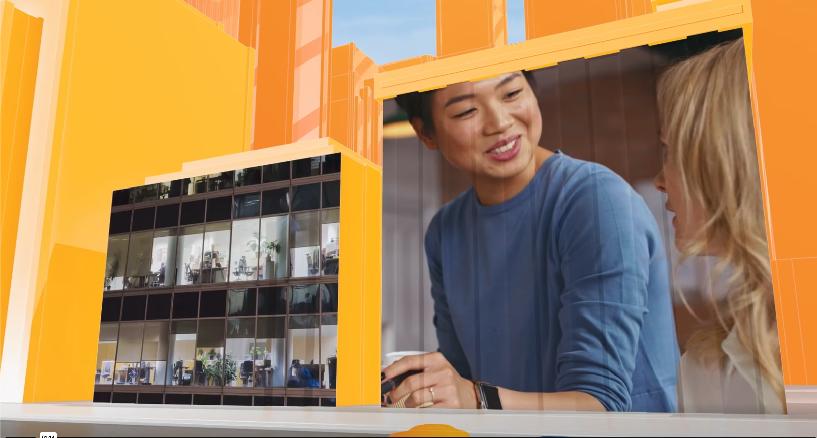 Two people conversing, smiling at each other. Behind them is a digital collage of buildings with large windows and orange accents. Some windows reveal people working in office spaces.