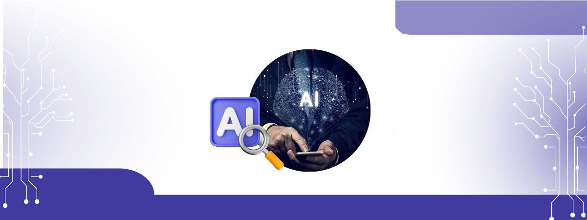 A person in a suit uses a smartphone, with a glowing AI symbol above the device. Nearby, a blue AI icon with a magnifying glass appears on a white and purple tech-themed background.
