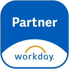 Blue badge with the word Partner at the top in white text and the Workday logo below. The Workday logo features the word workday with an orange curved line above it.